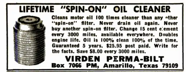 Ретро реклама масляного фильтра Virden Perma-Bilt, обещающего чистоту масла и долговечность двигателя.