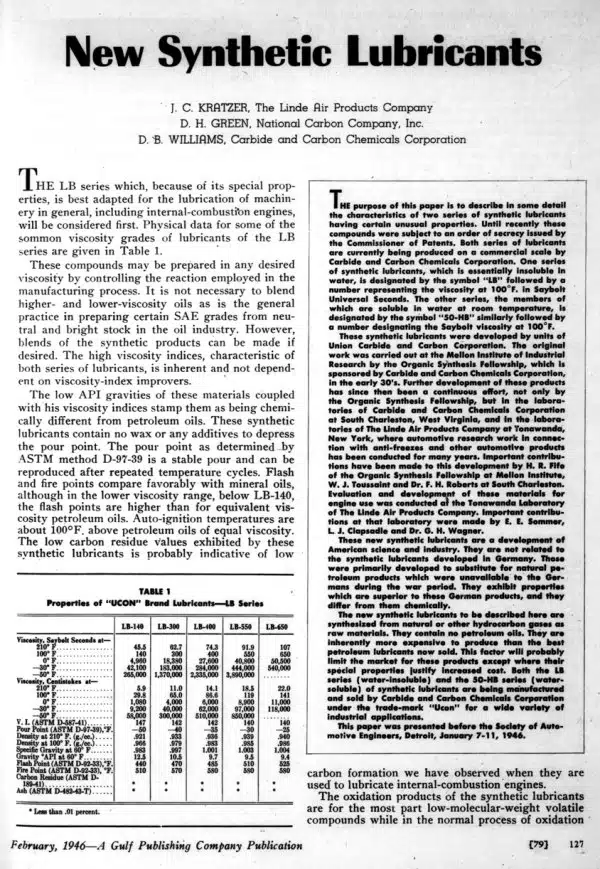 Статья 1946 года о новых синтетических смазках Ucon от Carbide and Carbon Chemicals Corporation, для двигателей внутреннего сгорания.