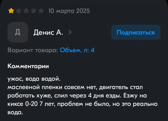 Скриншот негативного отзыва пользователя Дениса А. о товаре объемом 4 литра, который он назвал "вода водой".