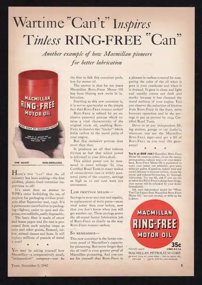 Реклама масла Macmillan RING FREE в новой безметаллической таре времен войны