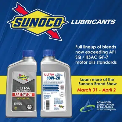 Реклама моторных масел Sunoco Ultra SAE 0W-20 и Sunoco Ultra Full Synthetic с информацией о выставке Sunoco Brand Show в марте-апреле.