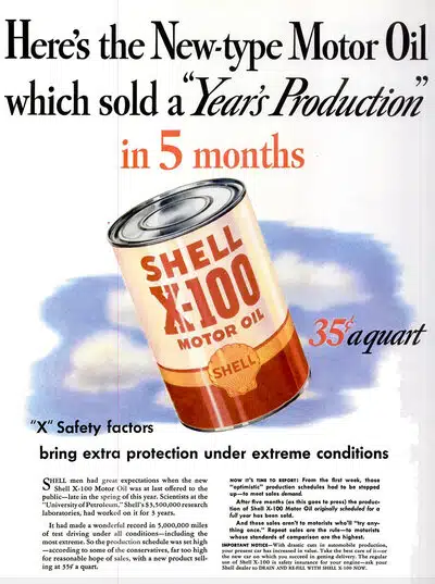 Блестящая металлическая банка моторного масла Shell X100 демонстрирующая рекордные достижения продаж и надежную защиту двигателя.