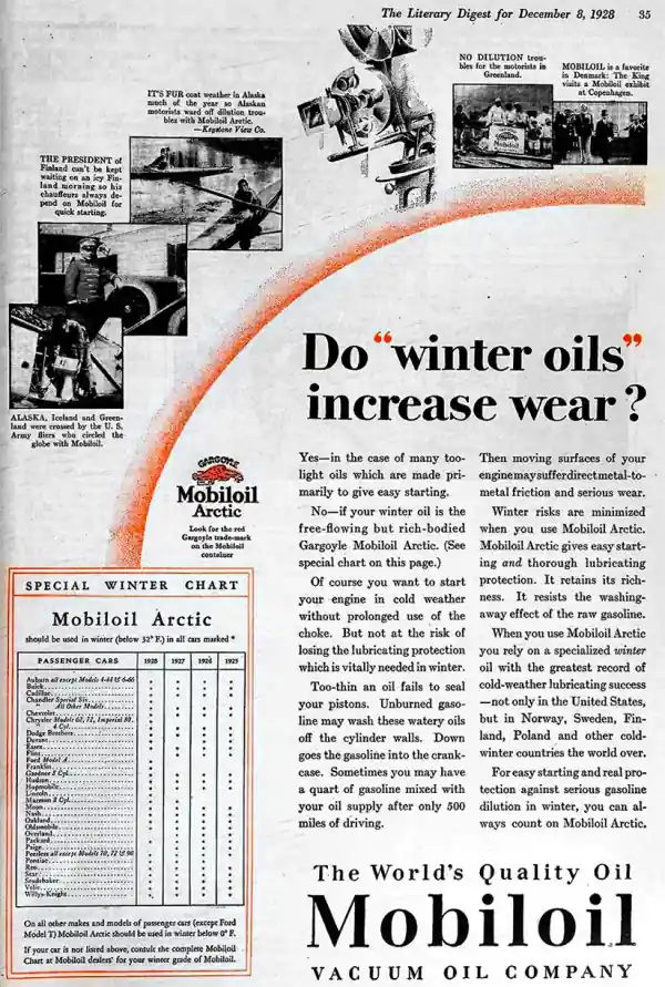 Винтажная реклама масла Mobiloil Arctic 1928 года, обещающая защиту двигателя зимой в суровых условиях с таблицей выбора по маркам авто.