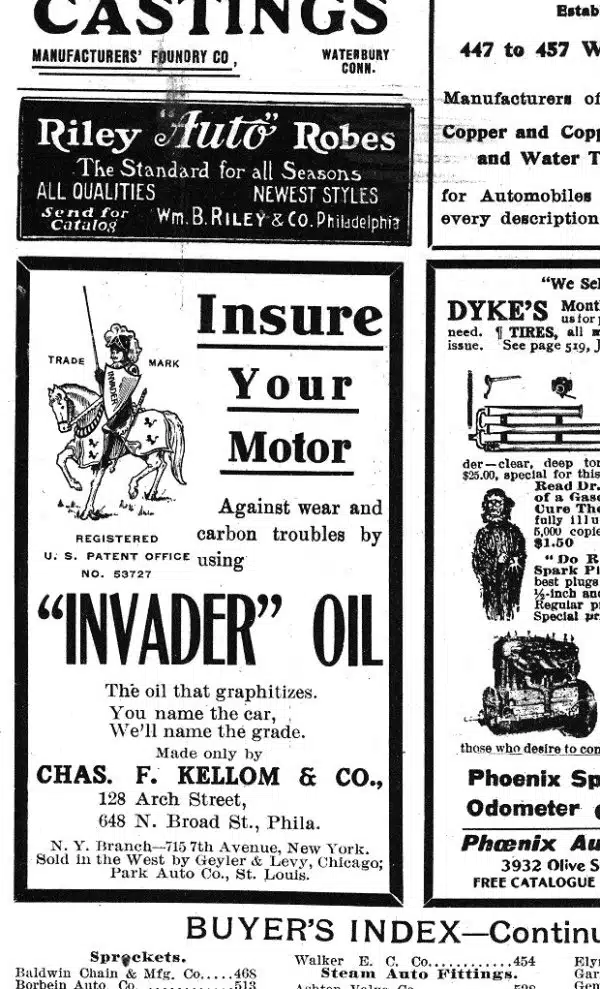 Старинная реклама масла Invader Oil для автомобилей с рыцарем на коне и текстом про защиту двигателя от износа и нагара.